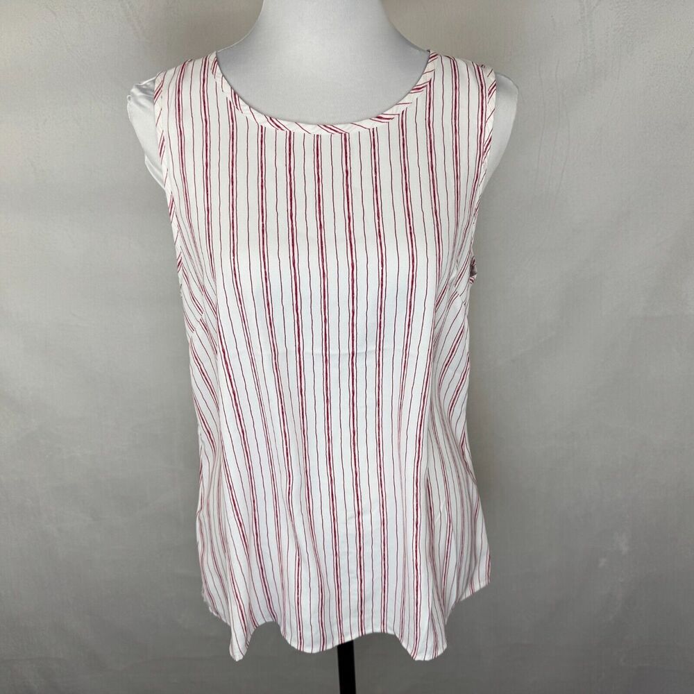 BCBG Max Azria Top Sz S Off-White Red Round Neck Sleeveless Keyhole Slit back
